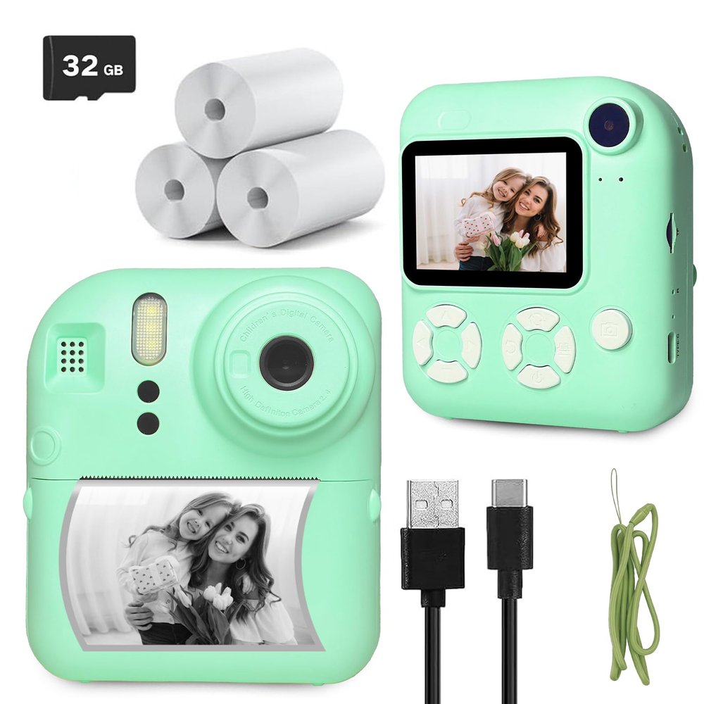 Instant Print Camera for Kids, Christmas Birthday Gifts for Kids Ages 3-12, 16X Zoom,1080P Vedio Selfie Digital Camera,Toddler Portable Toy for Girls and Boys with 32GB TF Card (Green)