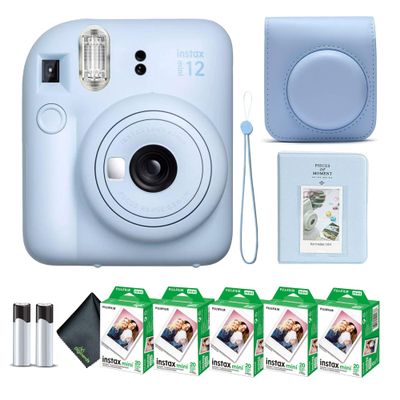 Fujifilm Instax Mini 12 Instant Camera Pastel Blue Bundle with Fuji Instax Mini Film Value Pack (100 Sheets) + Protective Carrying Case + Photo Album + Microfiber Cleaning Cloth