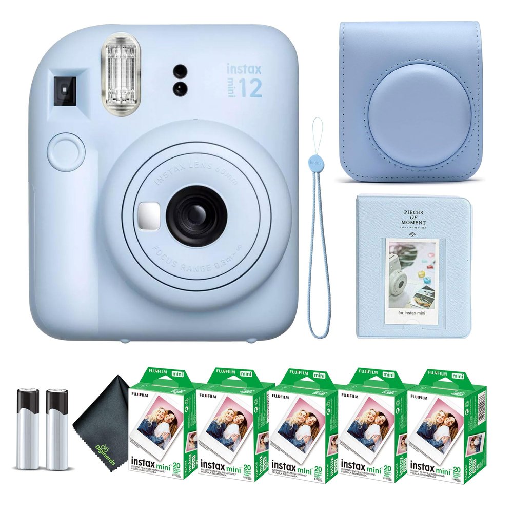 Fujifilm Instax Mini 12 Instant Camera Pastel Blue Bundle with Fuji Instax Mini Film Value Pack (100 Sheets) + Protective Carrying Case + Photo Album + Microfiber Cleaning Cloth