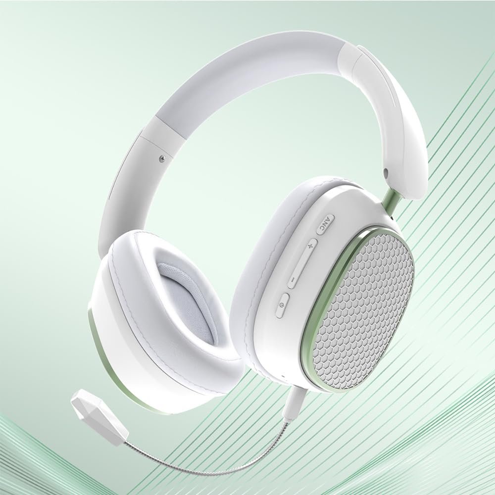 AYI Premium Active Noise Cancellation Bluetooth Headset Over Ear Headphones with Detachable Microphone HiFi Stereo Sound Rechargeable Game Headphone Compatible with Smartphone/TV/pad/Laptop-White