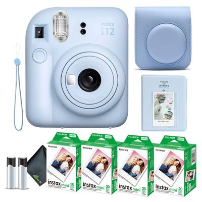 Fujifilm Instax Mini 12 Instant Camera Pastel Blue Bundle with Fuji Instax Mini Film Value Pack (80 Sheets) + Protective Carrying Case + Photo Album + Microfiber Cleaning Cloth