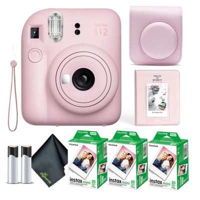 Fujifilm Instax Mini 12 Instant Camera Blossom Pink Bundle with Fuji Instax Mini Film Value Pack (60 Sheets) + Protective Carrying Case + Photo Album + Microfiber Cleaning Cloth