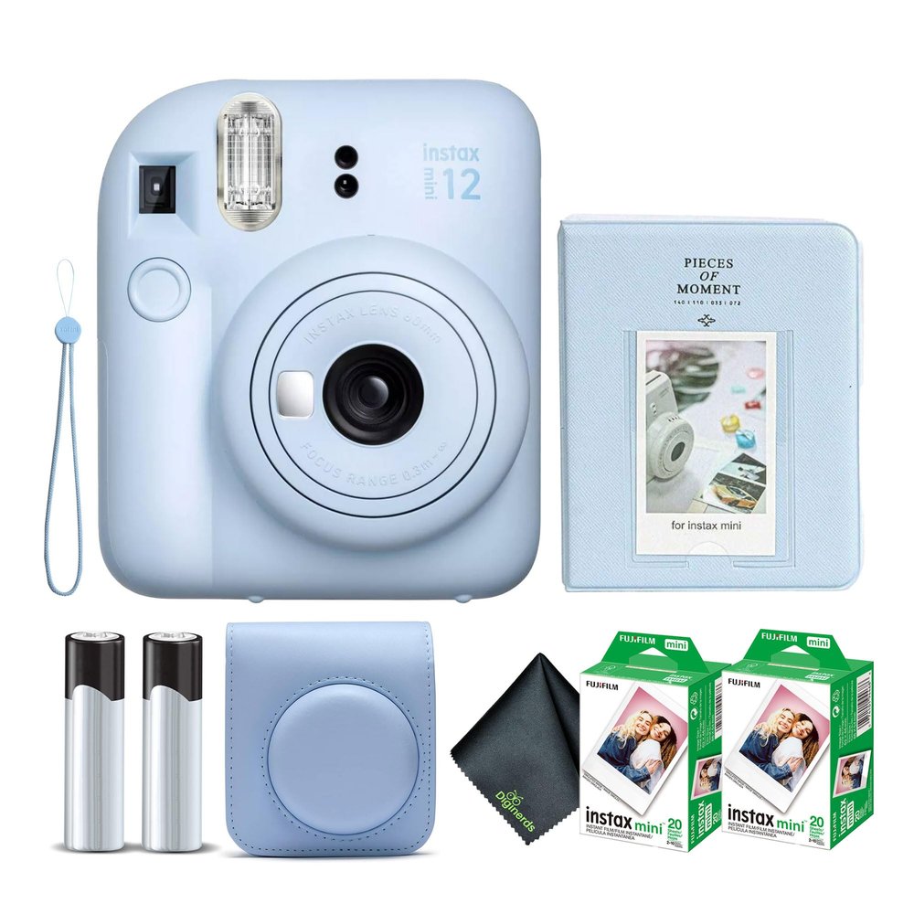 Fujifilm Instax Mini 12 Instant Camera Pastel Blue Bundle with Fuji Instax Mini Film Value Pack (40 Sheets) + Protective Carrying Case + Photo Album + Microfiber Cleaning Cloth