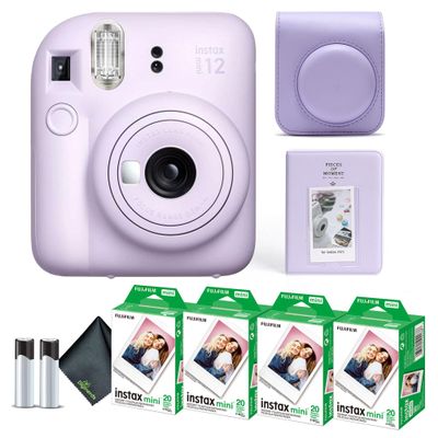 Fujifilm Instax Mini 12 Instant Camera Lilac Purple Bundle with Fuji Instax Mini Film Value Pack (80 Sheets) + Protective Carrying Case + Photo Album + Microfiber Cleaning Cloth
