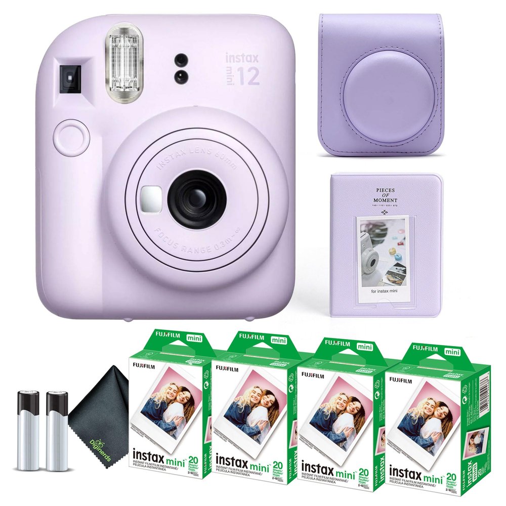 Fujifilm Instax Mini 12 Instant Camera Lilac Purple Bundle with Fuji Instax Mini Film Value Pack (80 Sheets) + Protective Carrying Case + Photo Album + Microfiber Cleaning Cloth