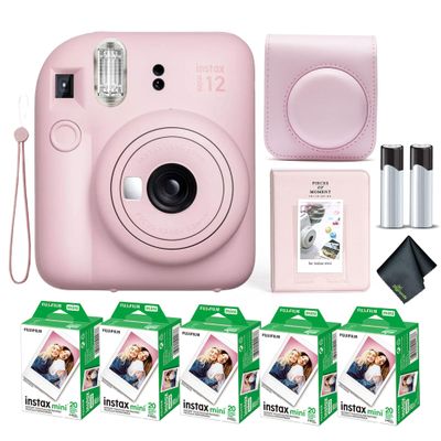 Fujifilm Instax Mini 12 Instant Camera Blossom Pink Bundle with Fuji Instax Mini Film Value Pack (100 Sheets) + Protective Carrying Case + Photo Album + Microfiber Cleaning Cloth