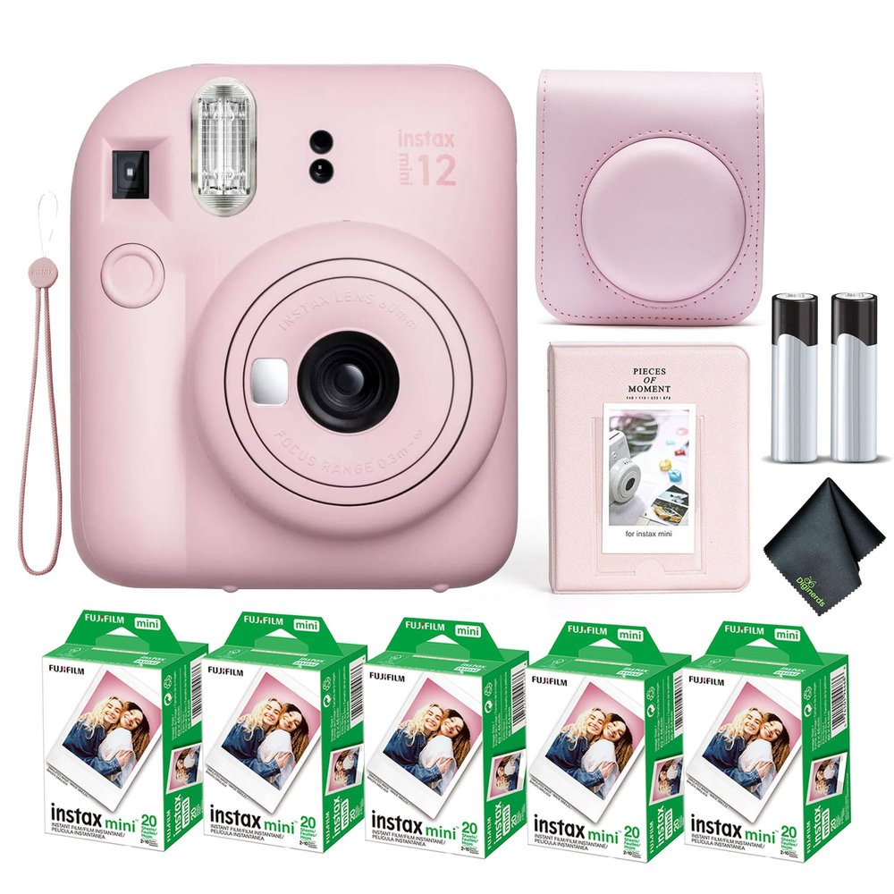 Fujifilm Instax Mini 12 Instant Camera Blossom Pink Bundle with Fuji Instax Mini Film Value Pack (100 Sheets) + Protective Carrying Case + Photo Album + Microfiber Cleaning Cloth
