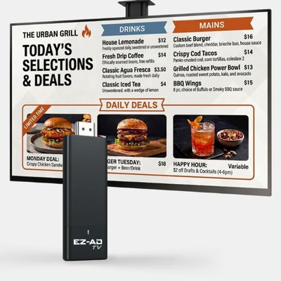 EZ AD TV Digital Signage Stick, Cloud-Controlled Digital Signage Media Player with PowerPoint Upload, Auto Content Updates, Free Plan, AI Image Enhancer, Mobile App, Includes Premium Template Library