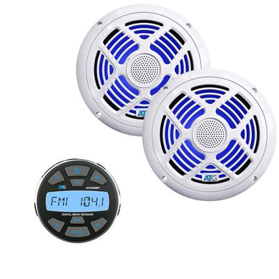 ATG Marine Audio Bundle Gauge Mount Radio with Bluetooth and 6.5" White Marine RGB LED Speakers
