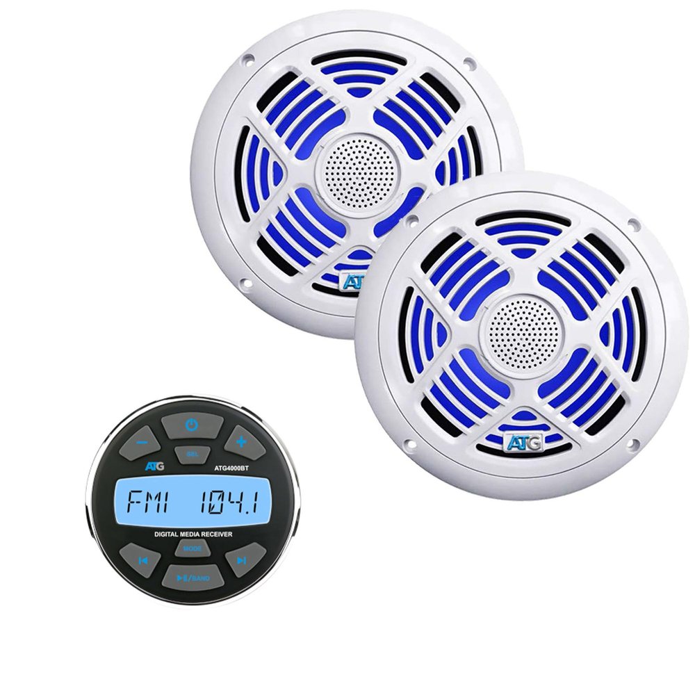 ATG Marine Audio Bundle Gauge Mount Radio with Bluetooth and 6.5" White Marine RGB LED Speakers