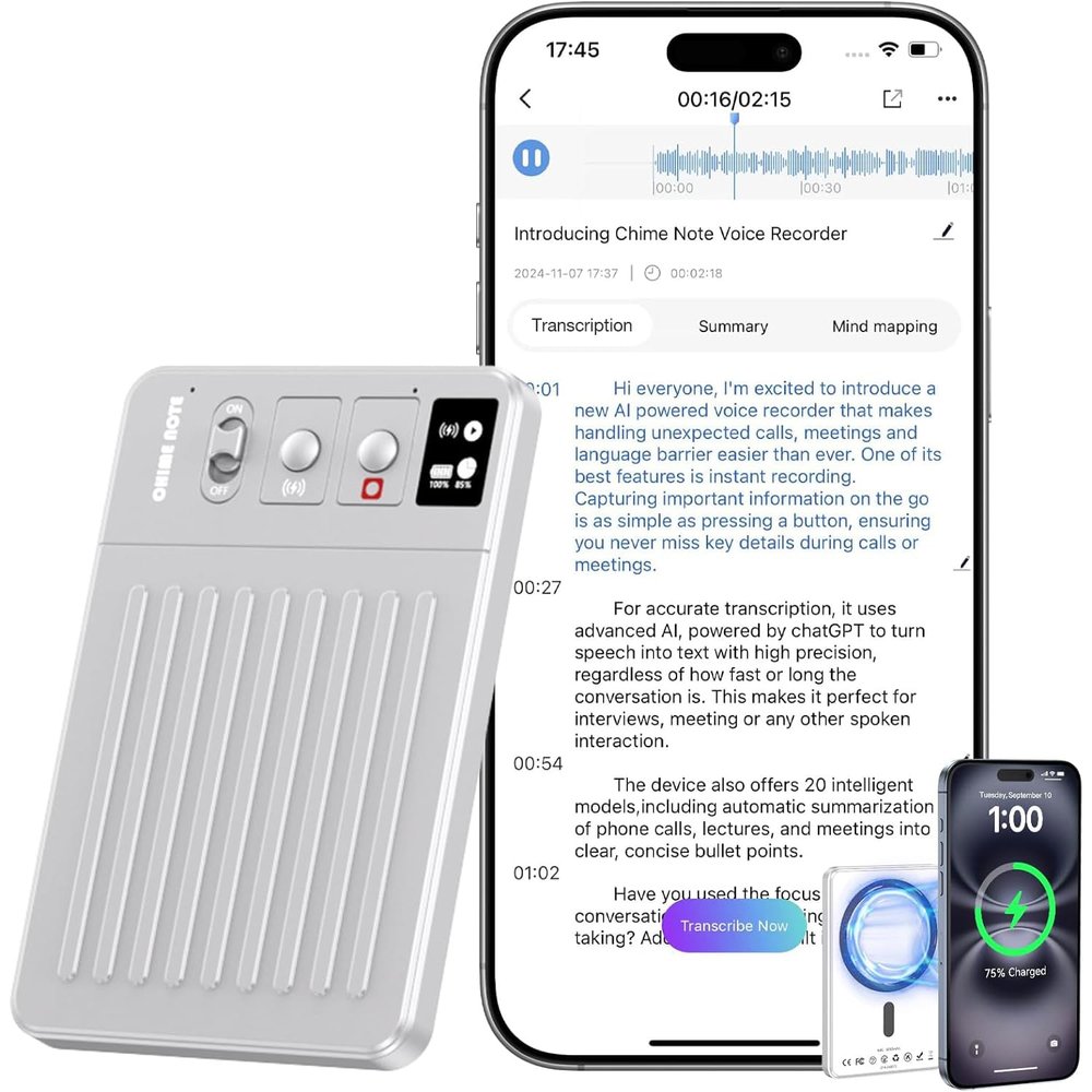 AI Voice Recorder - Voice Recorder w/No Fee for Transcribe & AI Summarize by ChatGPT, APP & Web Control, 121 Languages, 64GB Memory, Wireless Charging,Digital Voice Recorder for Meetings/Calls Silver