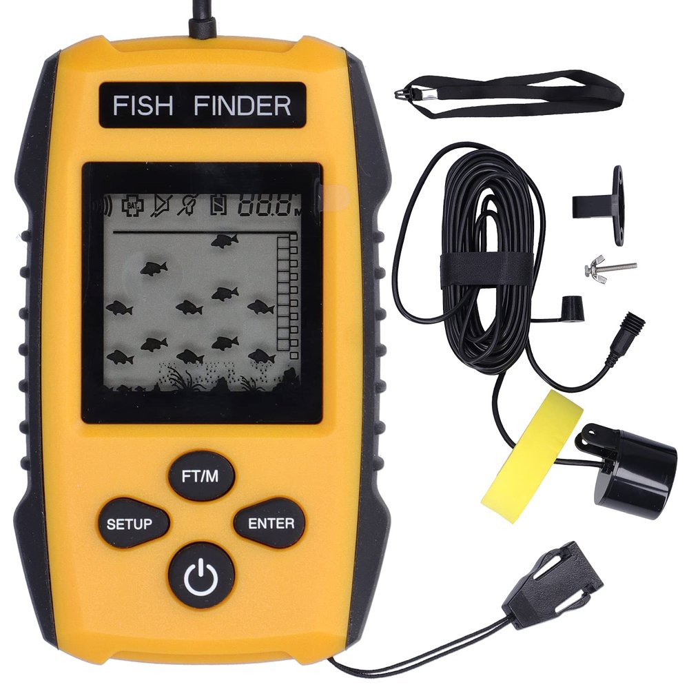 Brilluxa Fish Finder, LCD Depth Sounder with Alarm and Transducer, LED Backlit Display Sonar, Portable Fishfinder for Boat Kayak Ice Fishing Outdoor Use