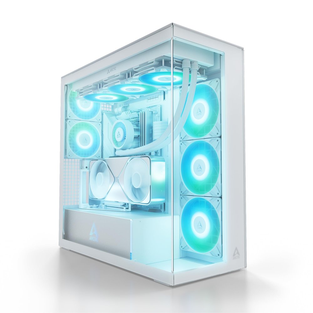 ARCTIC Xtender VG (White) with Vertical GPU Mount - PC Case, Tempered Panorama Glass, 2 x 420 mm Radiator Support, Full Tower, Big Tower, E-ATX, 5X A-RGB Fans pre-Mounted - White