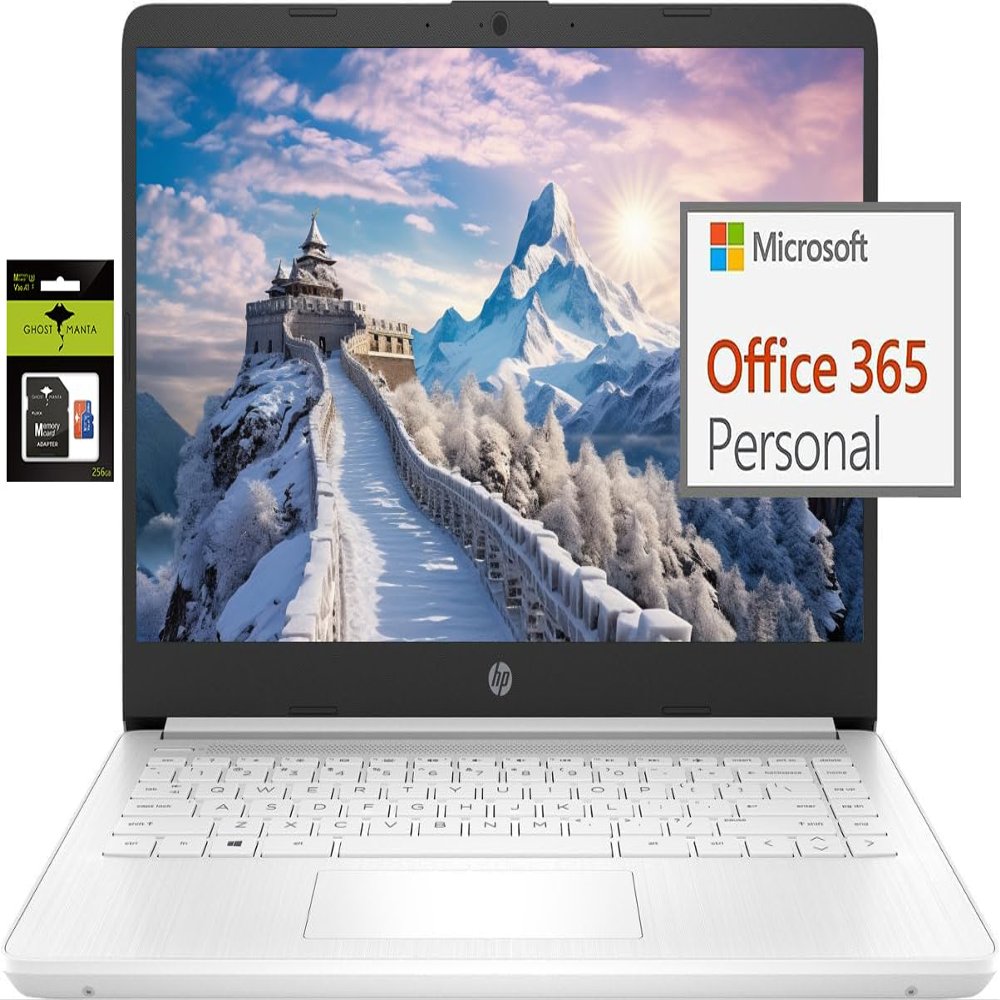 HP 14 Premium HD Portable Laptop Computer Students Business, Quad-Core Intel Celeron Processor, 16GB RAM, 320GB Storage(64GB eMMC+256GB SD Card), 1 Year Office 365, HDMI, Win 11 w/KW Accessories