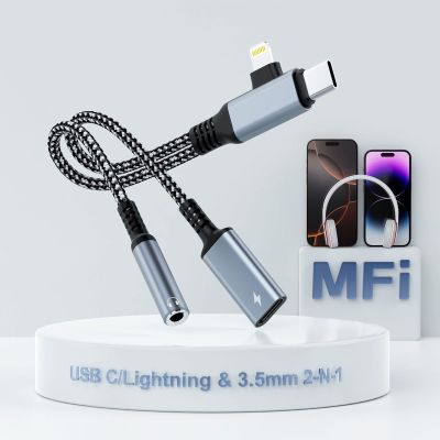 2 in-2 Lightning USBC to 3.5mm Headphone and Charger Adapter, [MFi Certified] USB C to Aux Audio Jack with PD 60W Fast Charging Dongle, Headphone Adapter for iPhone 16/15 14/13, Galaxy, Pixel (Blue)