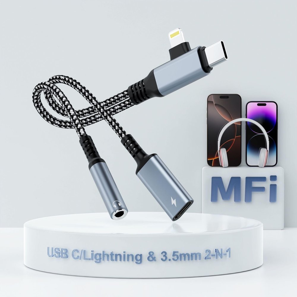 2 in-2 Lightning USBC to 3.5mm Headphone and Charger Adapter, [MFi Certified] USB C to Aux Audio Jack with PD 60W Fast Charging Dongle, Headphone Adapter for iPhone 16/15 14/13, Galaxy, Pixel (Blue)