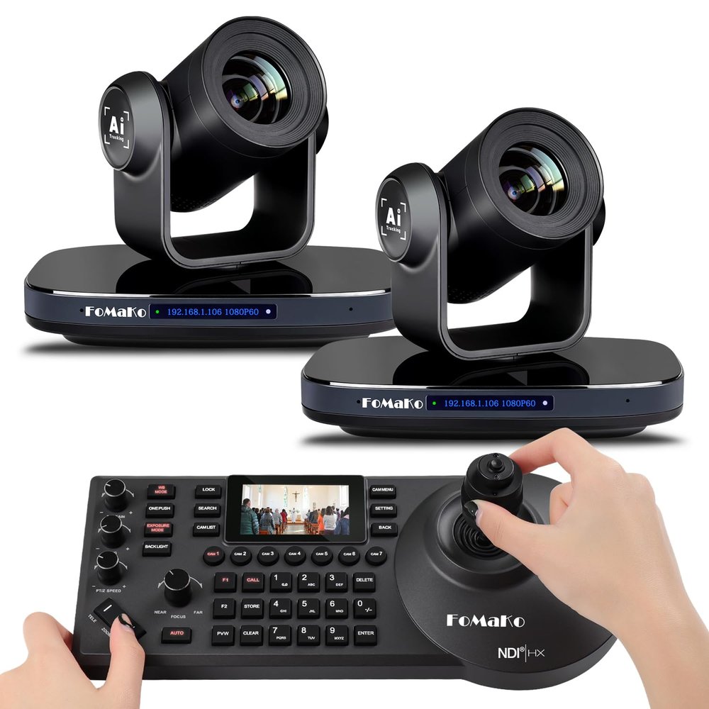 FoMaKo PTZ Camera HDMI 1080P60 AI Auto-Tracking PTZ Camera 20X Optical Zoom, PTZ Controller PoE 3" LCD Screen Preview for Church Worship Education Conference Events, PTZ Bundle K20+ KC608