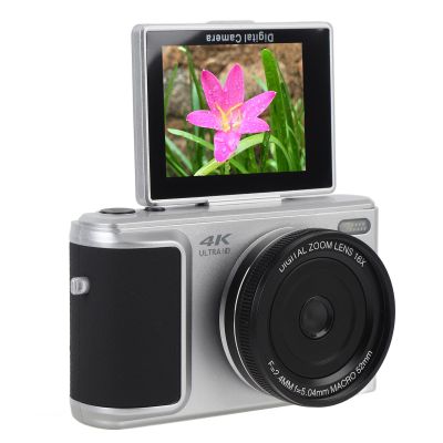 4K 64MP Digital Camera for Selfie, Auto Focus Vlogging Camera, with 16X Digital Zoom, Flash, 2.8 Inch 180 Flip Screen, Compact Retro Camera (Silver)