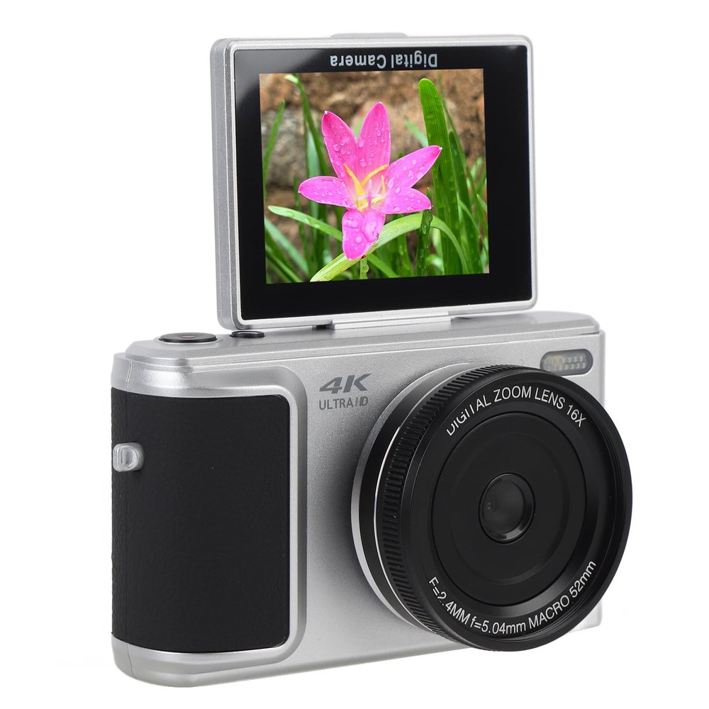 4K 64MP Digital Camera for Selfie, Auto Focus Vlogging Camera, with 16X Digital Zoom, Flash, 2.8 Inch 180 Flip Screen, Compact Retro Camera (Silver)