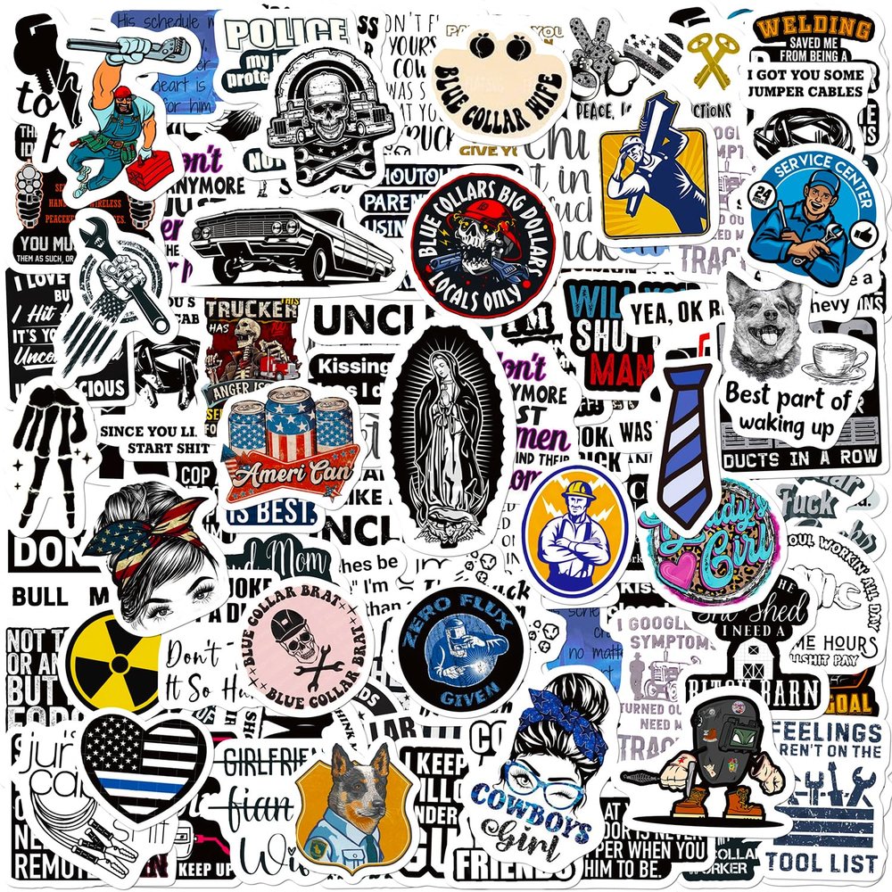 100 Pcs Blue Collar Stickers, Funny Hard Hat Stickers Waterproof Vinyl for Helmet, Cars, Tool Box, Phone, Water Bottle, Luggage, Laptop, Adults Men