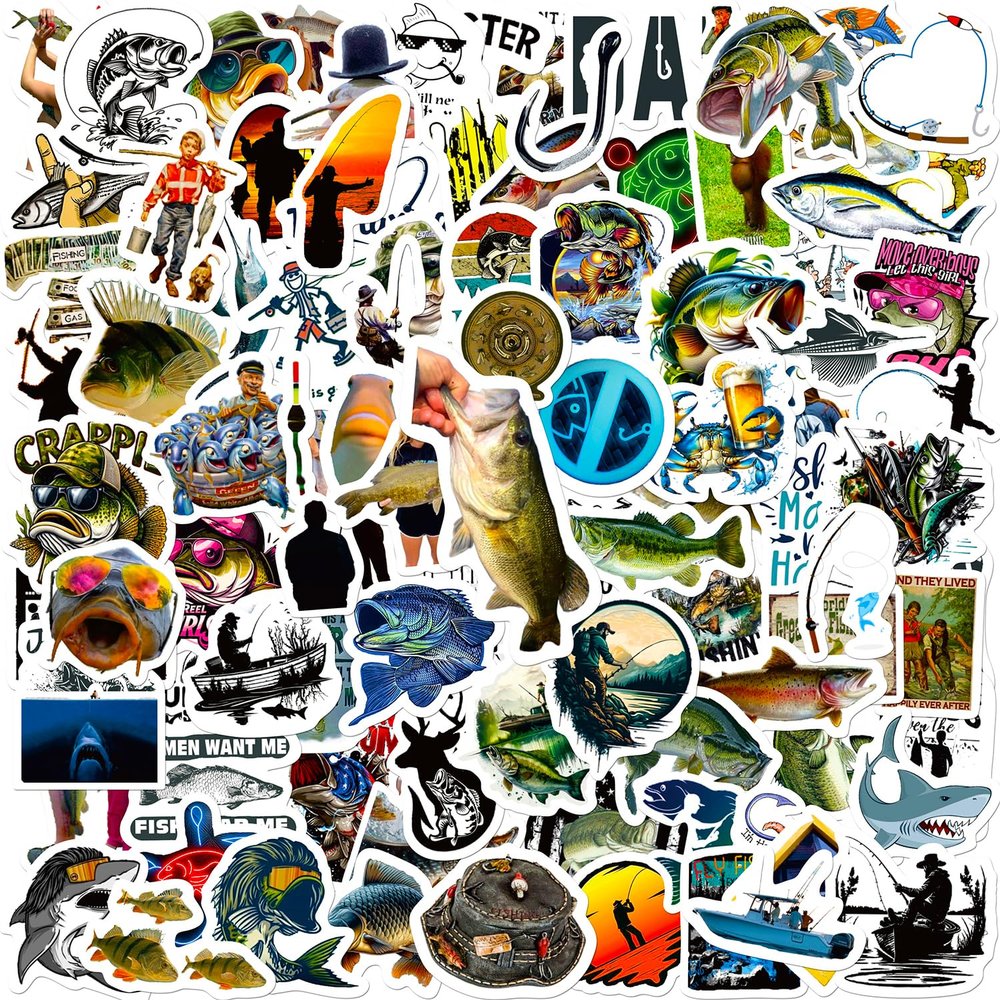 100 Pcs Funny Fishing Stickers, Fly Bass Fishing Stickers Waterproof Vinyl Gifts for Phone, Water Bottle, Luggage, Laptop, Adults Teens