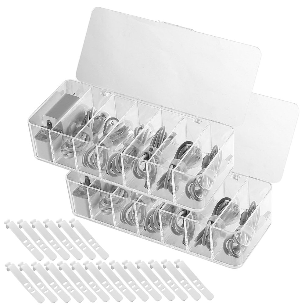 2Pcs Cable Organizer Box with 20 Wire Ties Dustproof Cable Box with Lid Clear Cable Organizer with 7 Compartments Power Cord Organizer for Home Office Desk Accessories Cable Management Box Cable Box
