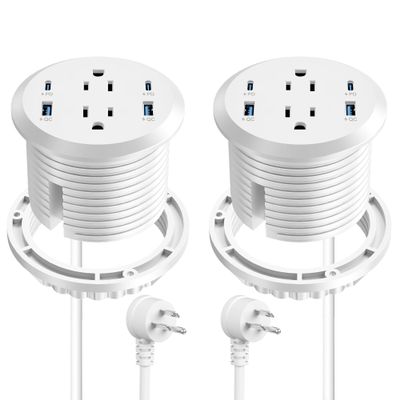 3 inch Desktop Power Grommet USB C,65W Fast Charging Station,Furniture Recessed Power Strip,2 Outlets,4 USB Ports,Flush-Mount for Desktop, Workspace Essential Desk Outlet,2 Pack (White)