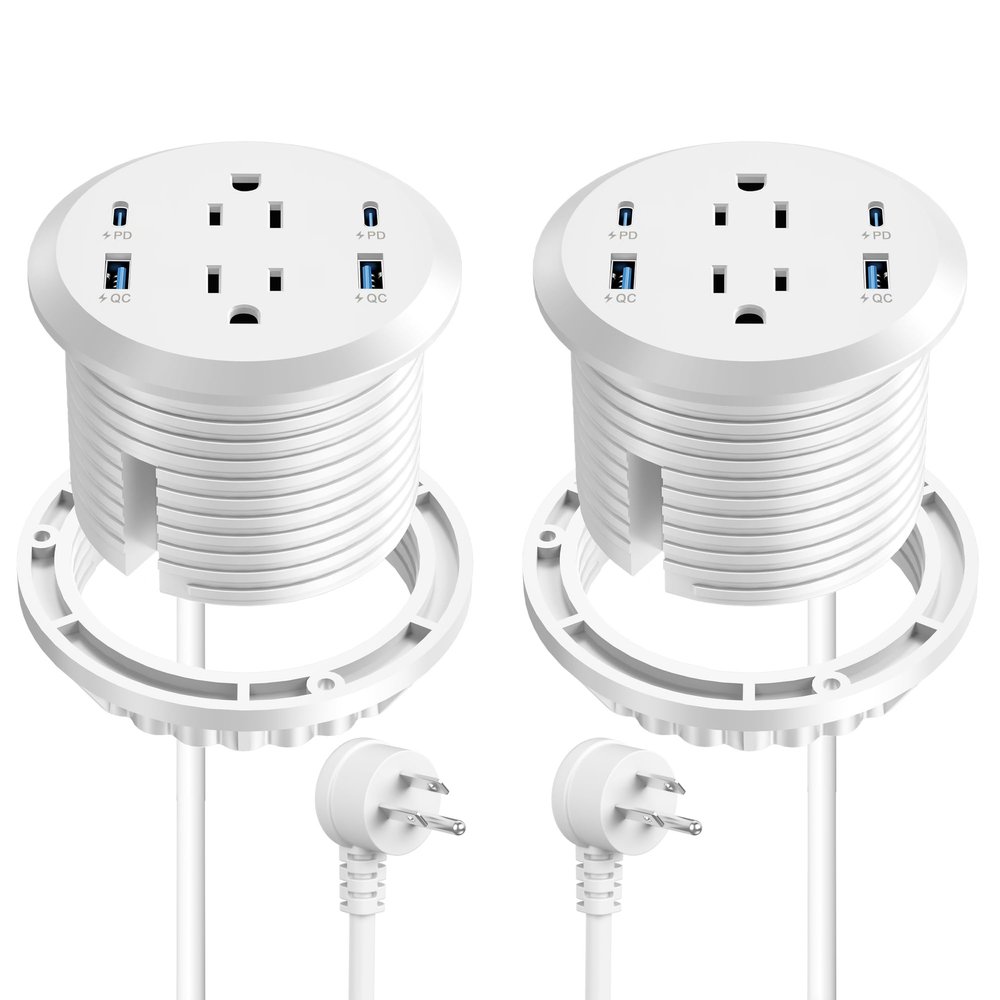 3 inch Desktop Power Grommet USB C,65W Fast Charging Station,Furniture Recessed Power Strip,2 Outlets,4 USB Ports,Flush-Mount for Desktop, Workspace Essential Desk Outlet,2 Pack (White)