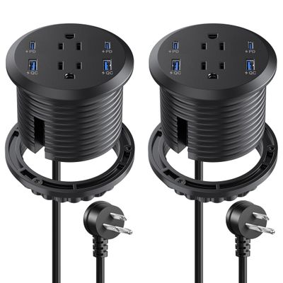 3 inch Desktop Power Grommet USB C,65W Fast Charging Station,Furniture Recessed Power Strip,2 Outlets,4 USB Ports,Flush-Mount for Desktop, Workspace Essential Desk Outlet,2 Pack (Black)