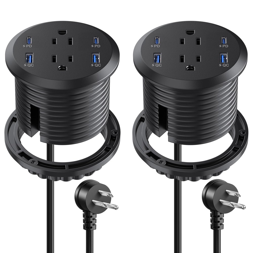 3 inch Desktop Power Grommet USB C,65W Fast Charging Station,Furniture Recessed Power Strip,2 Outlets,4 USB Ports,Flush-Mount for Desktop, Workspace Essential Desk Outlet,2 Pack (Black)