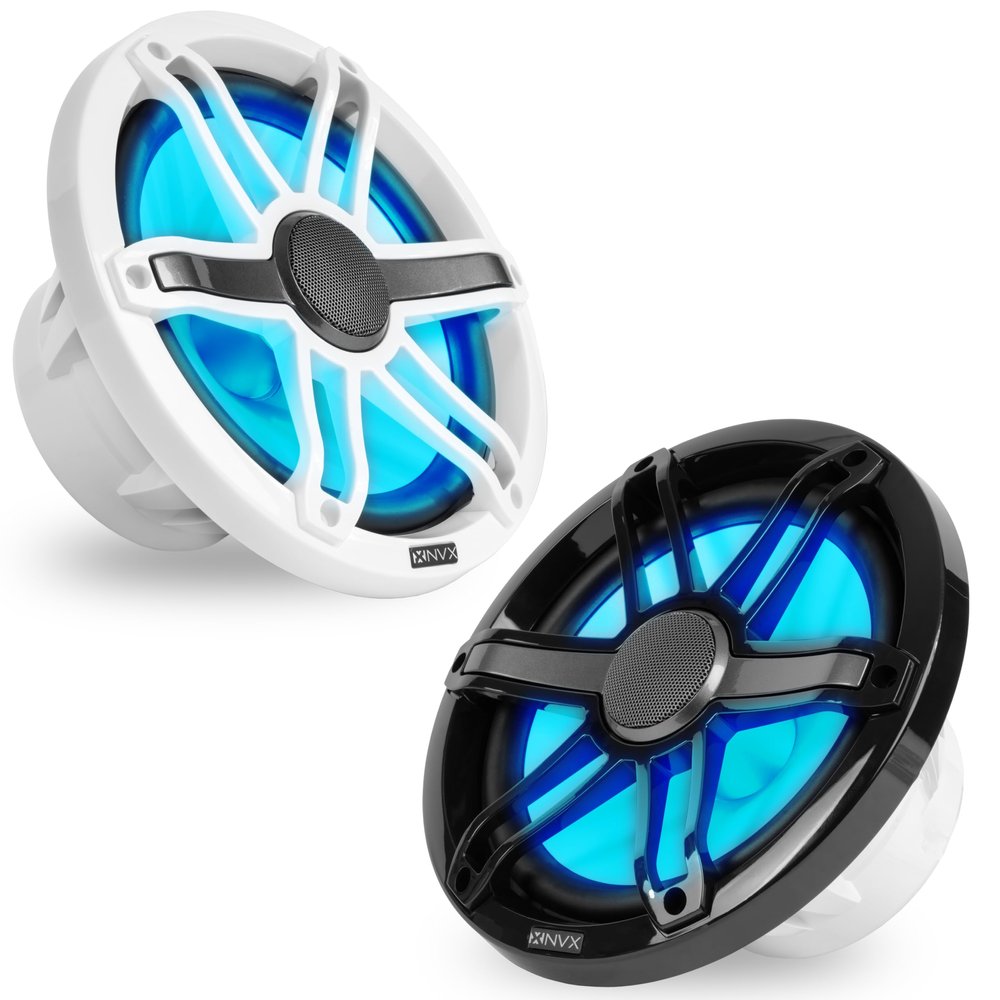 NVX MVSP8 Premium 8" 2-Way Marine Coaxial Speakers (Pair), 750W Max, 250W RMS, 1 Silk Dome Tweeters, with RGB LED Lighting for Boats/UTV/ATV/SxS/Powersports (White and Black Grilles Included)