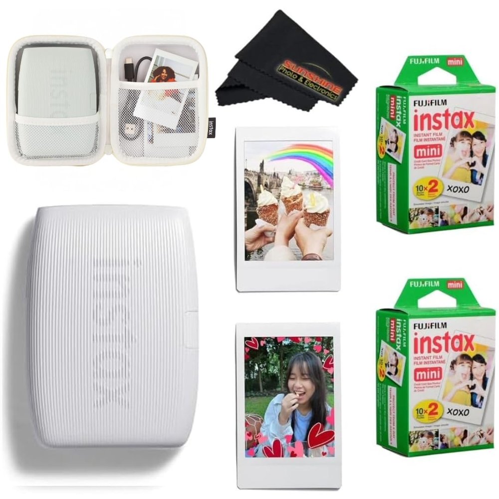 Fujifilm INSTAX Mini Link 3 Smartphone Printer with INSTAX Mini Instant Film and Sunshine Microfiber Cleaning Cloth... (2 Twin Pack (40 Sheets), Clay White)