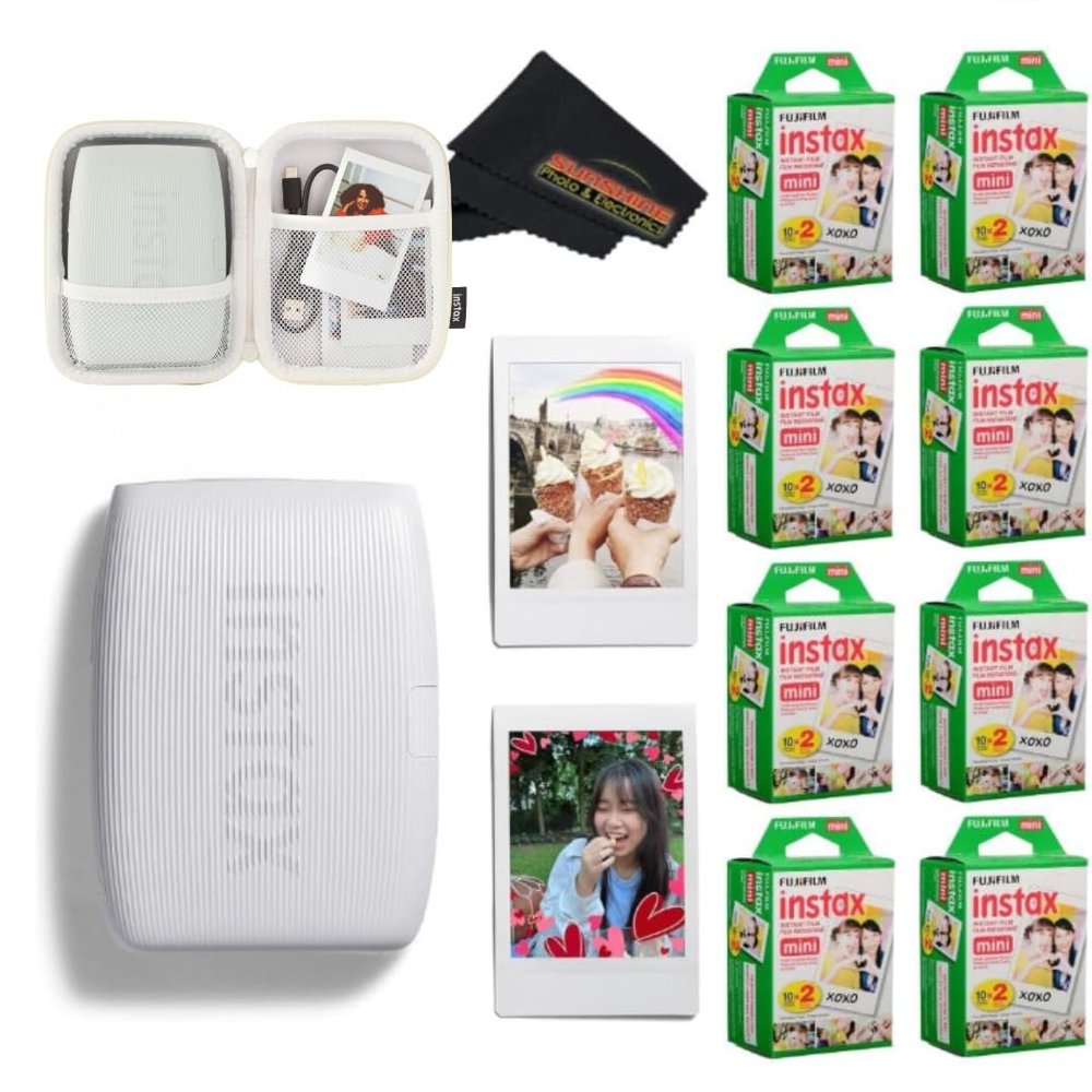 Fujifilm INSTAX Mini Link 3 Smartphone Printer with INSTAX Mini Instant Film and Sunshine Microfiber Cleaning Cloth... (8 Twin Pack (160 Sheets), Clay White)