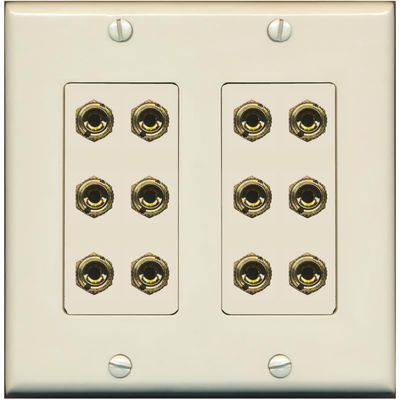 RiteAV 12 Banana 6 Speaker Surround Female Coupler Decorative Wall Plate - 2 Gang [Light-Almond]