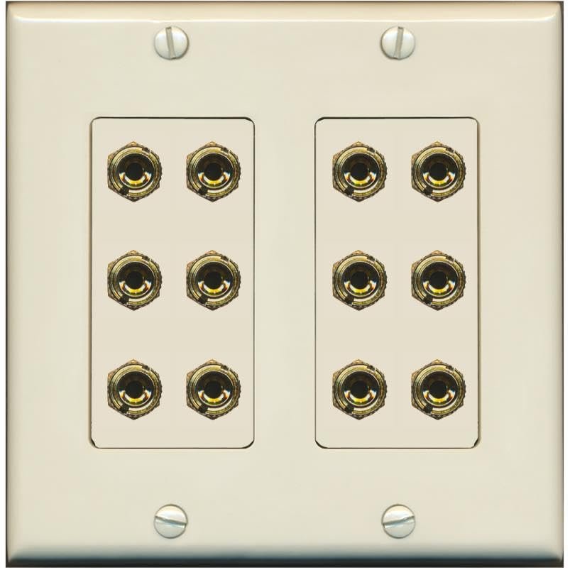 RiteAV 12 Banana 6 Speaker Surround Female Coupler Decorative Wall Plate - 2 Gang [Light-Almond]