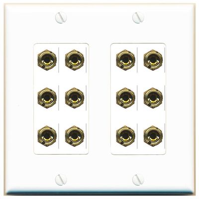 RiteAV 12 Banana 6 Speaker Surround Female Coupler Decorative Wall Plate - 2 Gang [White]