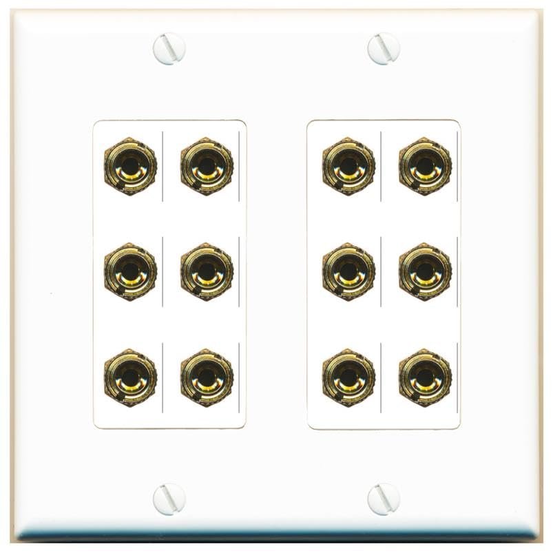 RiteAV 12 Banana 6 Speaker Surround Female Coupler Decorative Wall Plate - 2 Gang [White]