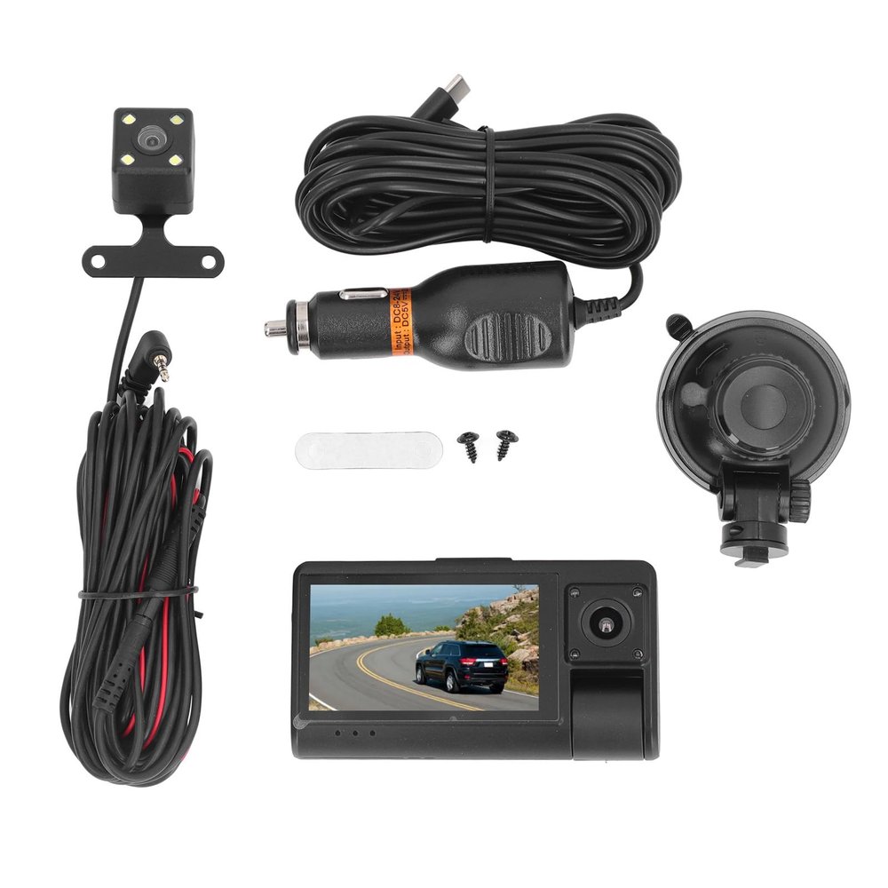 1080P HD Dash Cam with Triple Lens Rotatable Design, 3.0 Inch IPS Screen, Night, 24H Parking Mode, Motion Detection for Safe Driving