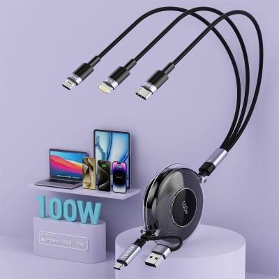 100W Multi Charging Cable, Retractable iPhone Charger Cord Compact for Travel, 4FT 6-in-1 Retractable Fast Charging Adapter with USB C/Lightning/Micro USB Ports for iPad Pro 2024/iPhone 15 14 FX3