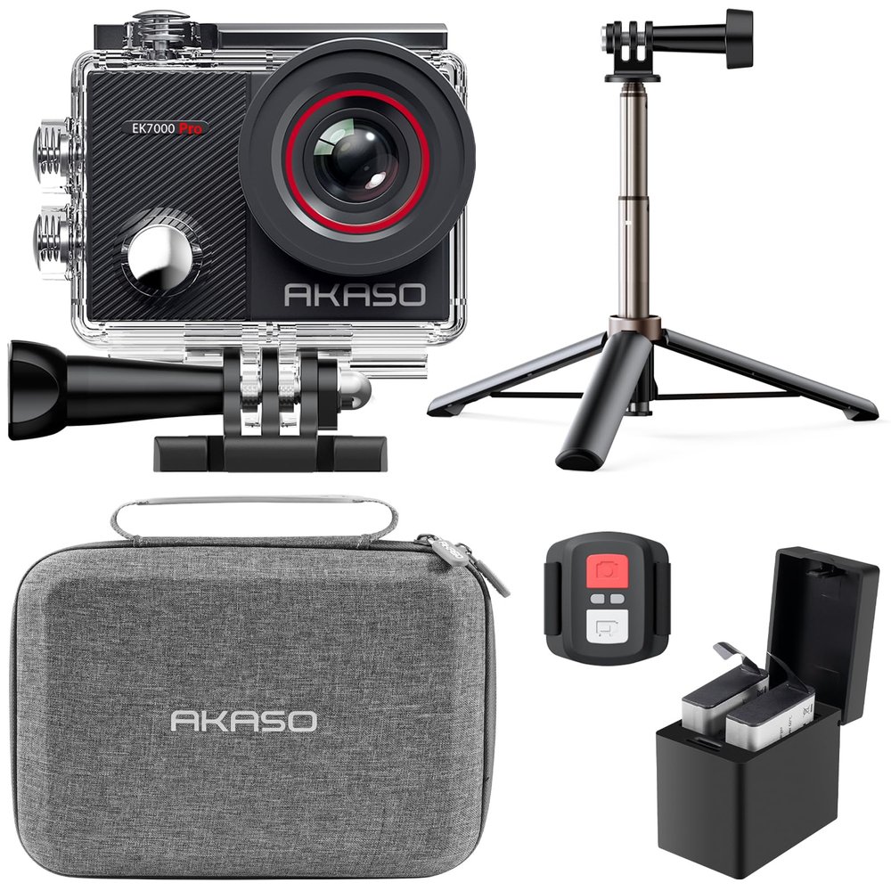 AKASO EK7000 Pro 4K30fps 20MP Action Camera EIS Ultra HD 131FT Waterproof Underwater Camera with Mini Selfie Stick Tripod and Carrying Case Helmet Accessories Kit Bundle