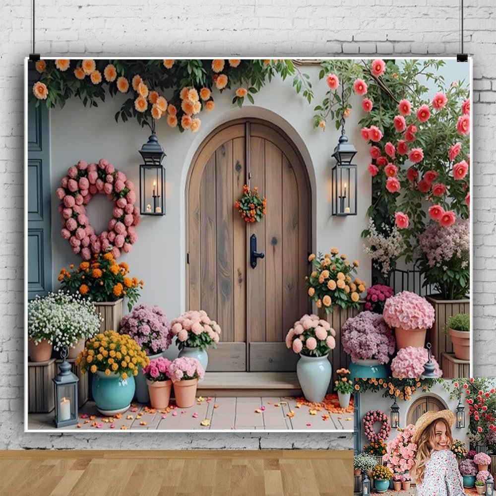 10x8ft Spring Flower Backdrop for Women Girls Rustic Wood Door Dreamlike Spring Garden Photography Background Easter Party Decorations Birthday Portrait Photoshoot Photo Props
