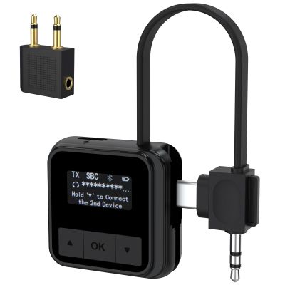 Bluetooth Adapter for Airplane, 2-in-1 Bluetooth Transmitter Receiver for TV, PS4, Switch, Game, PC, Car, Speaker, Type C and 3.5mm AUX Jack Wireless Audio Transmitter Adapter, Supports 2 Headphones