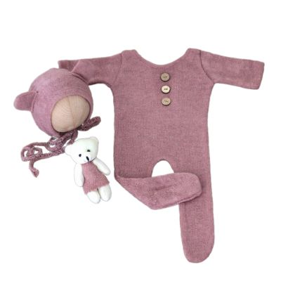 Baby Photoshoots Props Bear Outfit Knit Hat Romper Plush Dolls Set Photo Posing Props Newborn Photography Props Bodysuit