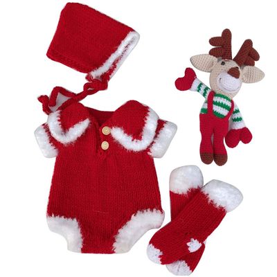 4 Pcs/Set Newborn Photography Props Baby Hat+Socks+Elk Doll+Romper Jumpsuit Knitted Crochet Outfits Infant Toddler Christmas Costume