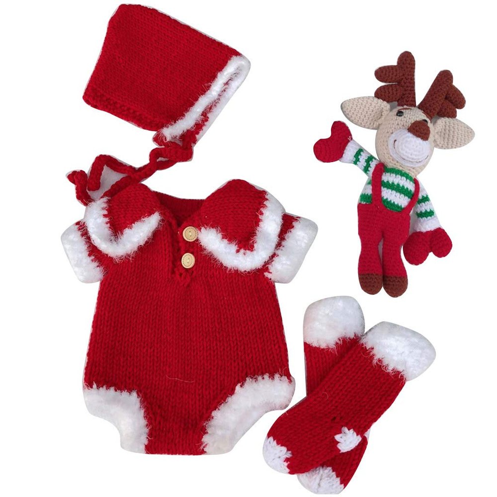 4 Pcs/Set Newborn Photography Props Baby Hat+Socks+Elk Doll+Romper Jumpsuit Knitted Crochet Outfits Infant Toddler Christmas Costume