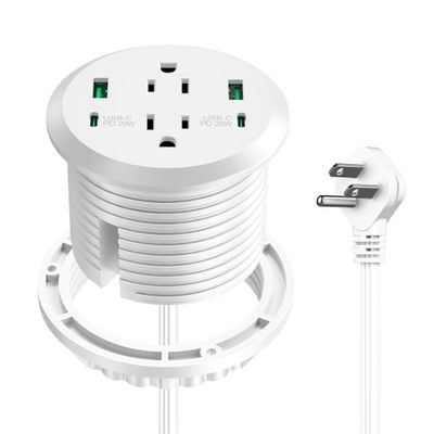 3 inch Desktop Power Grommet with PD 20W USB C,Furniture Recessed Power Strip,2 Outlets,4 USB Ports,40W Total,Flush-Mount for Desktop, Workspace Essential Desk Outlet (White, 6 FT Cable)