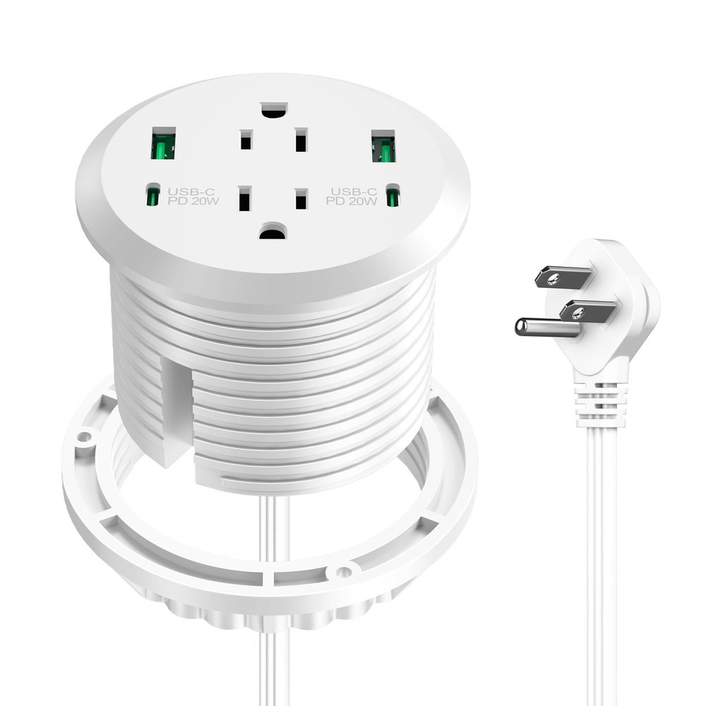 3 inch Desktop Power Grommet with PD 20W USB C,Furniture Recessed Power Strip,2 Outlets,4 USB Ports,40W Total,Flush-Mount for Desktop, Workspace Essential Desk Outlet (White, 6 FT Cable)