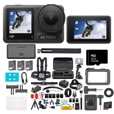 DJI Osmo Action 4 Camera Adventure Combo - Waterproof Action Camera with 4K UHD Video, 1/1.3" Sensor, Stabilization, Dual Screens, for Vlogging, Travel & Sports + 32GB Card & 50 Piece Accessory Kit