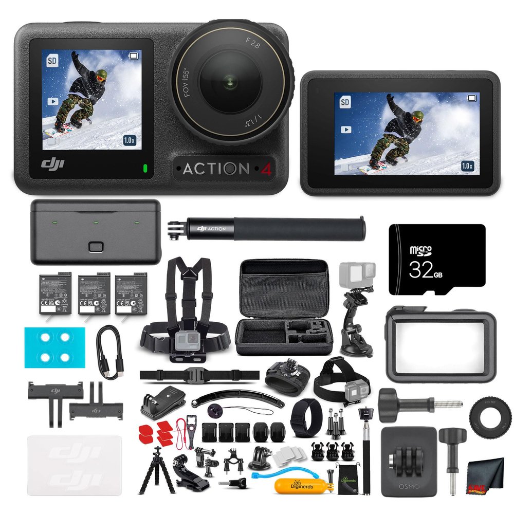 DJI Osmo Action 4 Camera Adventure Combo - Waterproof Action Camera with 4K UHD Video, 1/1.3" Sensor, Stabilization, Dual Screens, for Vlogging, Travel & Sports + 32GB Card & 50 Piece Accessory Kit