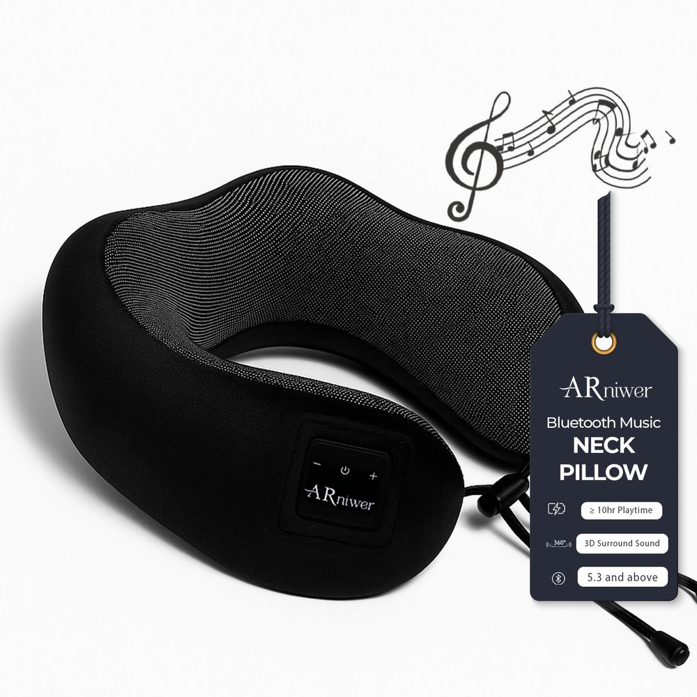 ARniwer Bluetooth Music Semicircular Neck Pillow Wireless Bluetooth Speaker Suitable Airplane,Bus,Train,Car,Office,and Outdoor Camping for Sleeping, Resting The Best Travel Essentials. (Black)